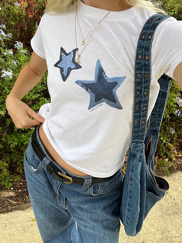 WHITE T-SHIRT WITH BLUE STAR DESIGNS Y2K CASUAL LOOSE FIT