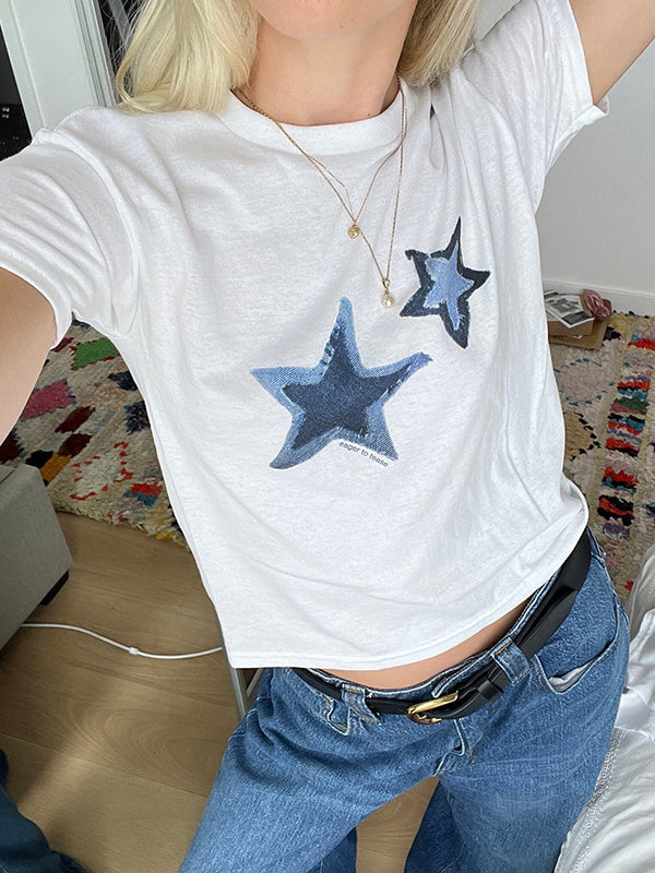 WHITE T-SHIRT WITH BLUE STAR DESIGNS Y2K CASUAL LOOSE FIT