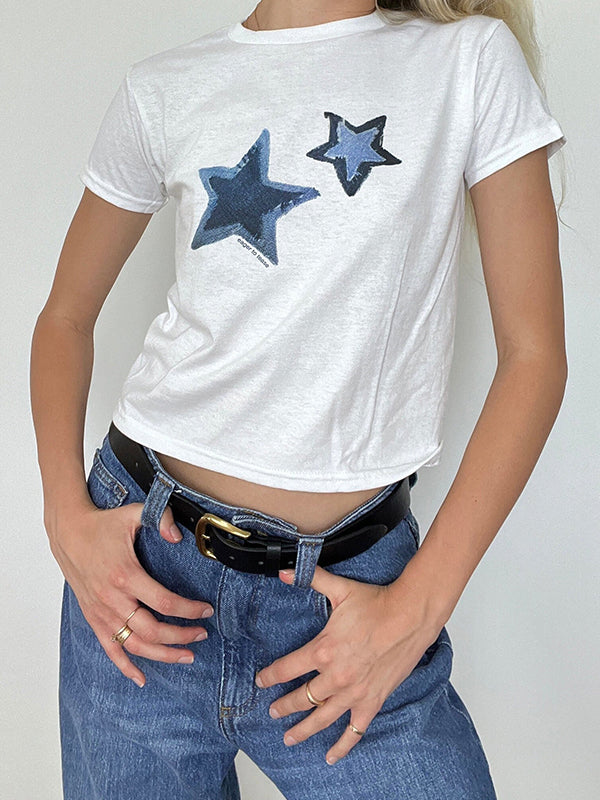 WHITE T-SHIRT WITH BLUE STAR DESIGNS Y2K CASUAL LOOSE FIT