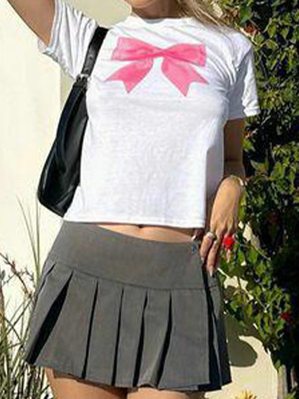 WHITE T-SHIRT WITH PINK BOW FOR CASUAL STREET STYLE