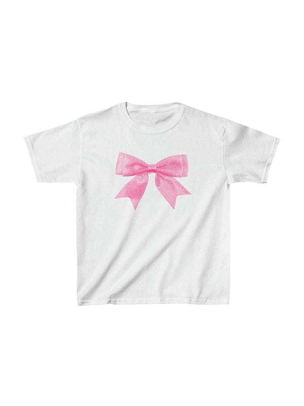 WHITE T-SHIRT WITH PINK BOW FOR CASUAL STREET STYLE