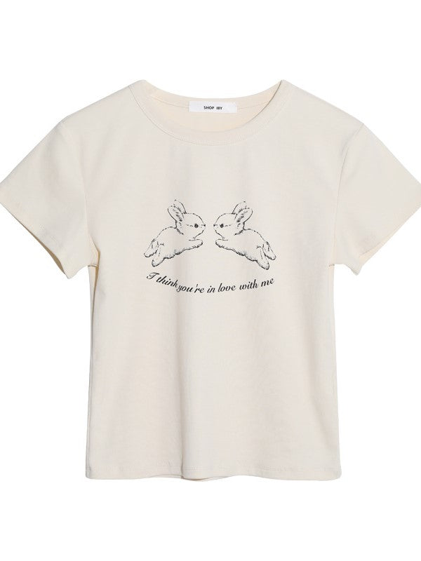 WHITE T-SHIRT WITH RABBIT GRAPHIC - CUTE RABBIT PRINT DESIGN