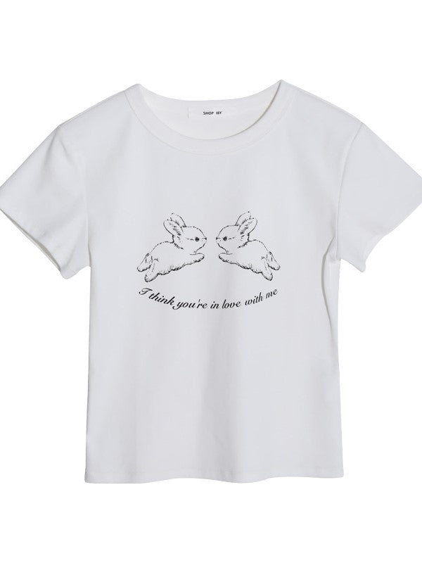 WHITE T-SHIRT WITH RABBIT GRAPHIC - CUTE RABBIT PRINT DESIGN