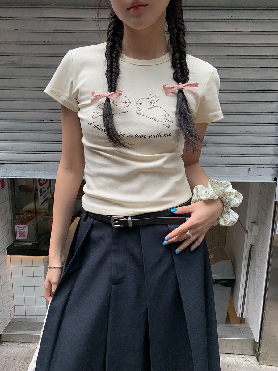 WHITE T-SHIRT WITH RABBIT GRAPHIC - CUTE RABBIT PRINT DESIGN