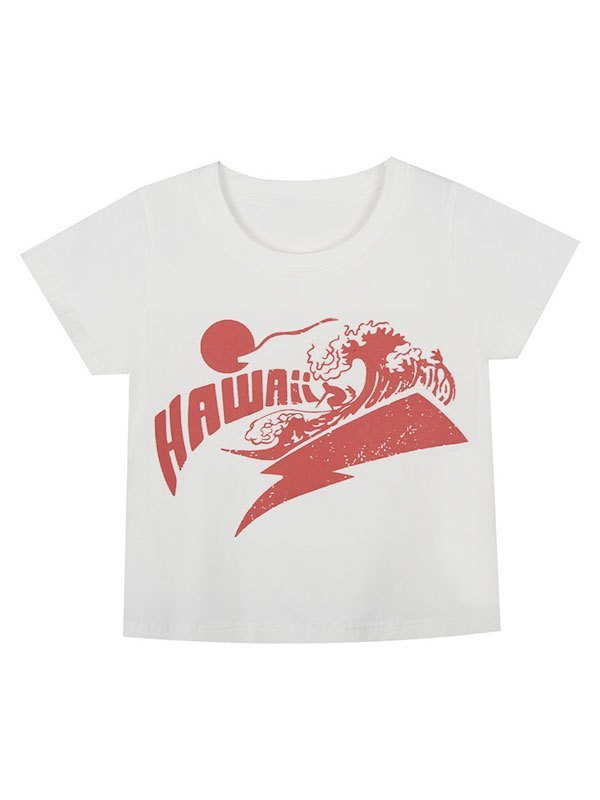 WHITE T-SHIRT WITH RED HAWAII GRAPHIC - Y2K HAWAIIAN PRINT DESIGN