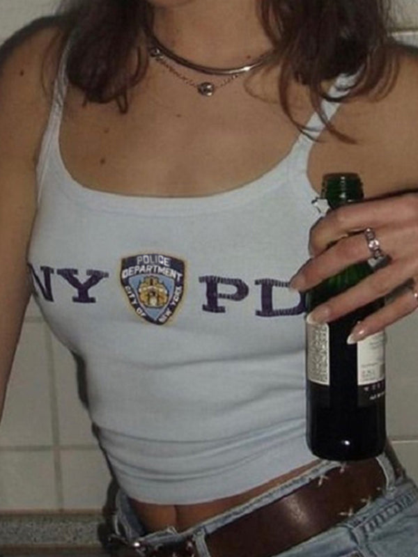 WHITE TANK TOP WITH NYPD LOGO VINTAGE LETTER PRINT
