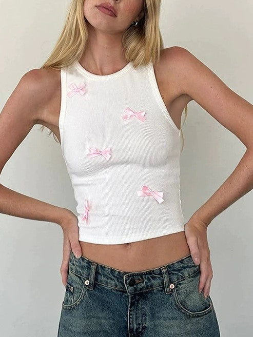 WHITE TANK TOP WITH PINK BOWS - TRENDY CROP SILHOUETTE