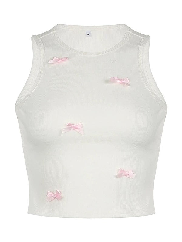 WHITE TANK TOP WITH PINK BOWS - TRENDY CROP SILHOUETTE
