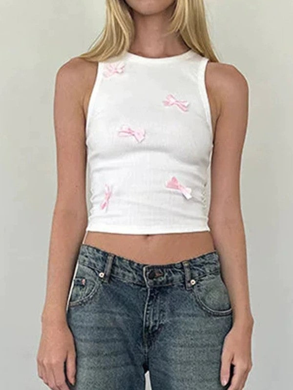 WHITE TANK TOP WITH PINK BOWS - TRENDY CROP SILHOUETTE