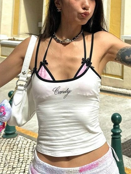 WHITE TANK TOP WITH PINK BRA DETAIL EMBROIDERED FAKE TWO PIECE