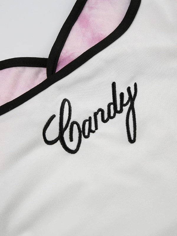 WHITE TANK TOP WITH PINK BRA DETAIL EMBROIDERED FAKE TWO PIECE