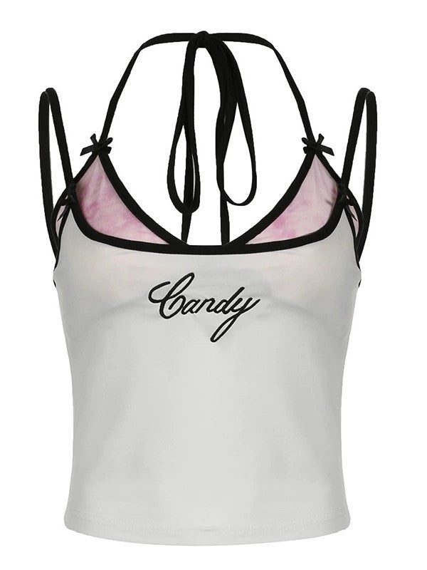WHITE TANK TOP WITH PINK BRA DETAIL EMBROIDERED FAKE TWO PIECE