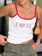 WHITE TANK TOP WITH RED TRIM Y2K SLIM FIT RHINESTONE LETTER DETAIL