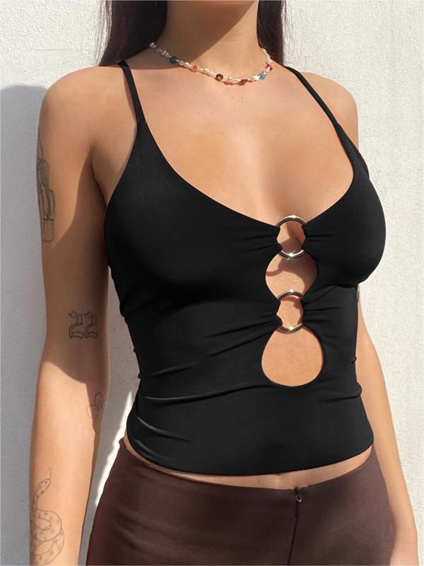 WHITE TANK TOP WITH RING DETAILS SLIM FIT SLEEVELESS DESIGN