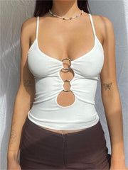 WHITE TANK TOP WITH RING DETAILS SLIM FIT SLEEVELESS DESIGN