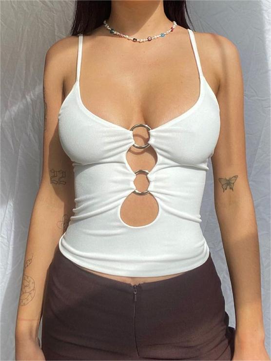 WHITE TANK TOP WITH RING DETAILS SLIM FIT SLEEVELESS DESIGN
