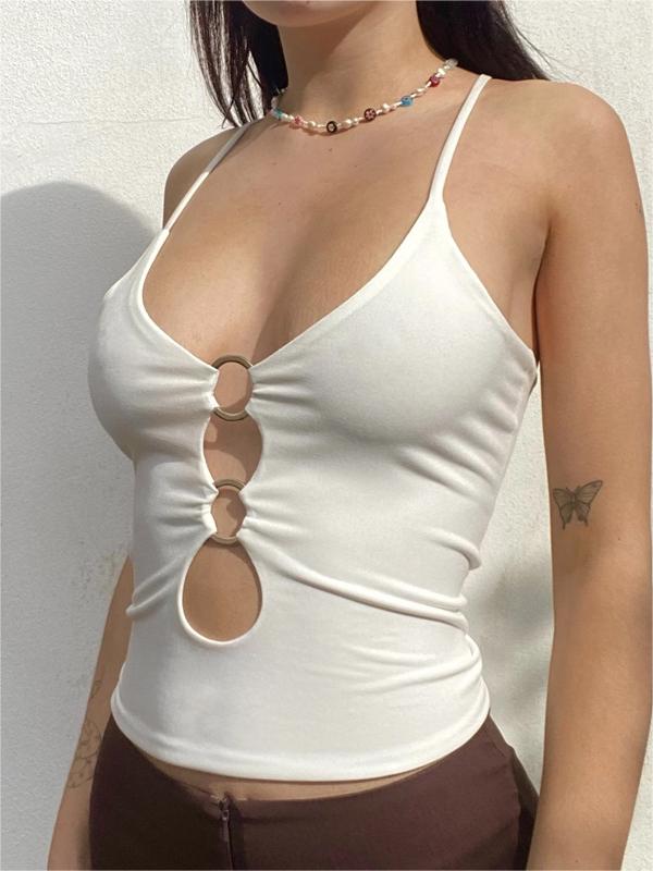 WHITE TANK TOP WITH RING DETAILS SLIM FIT SLEEVELESS DESIGN