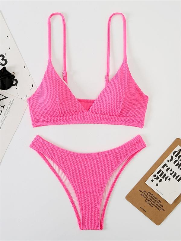 WHITE TEXTURED BIKINI SET WITH PLAIN SMOCKED V-NECK