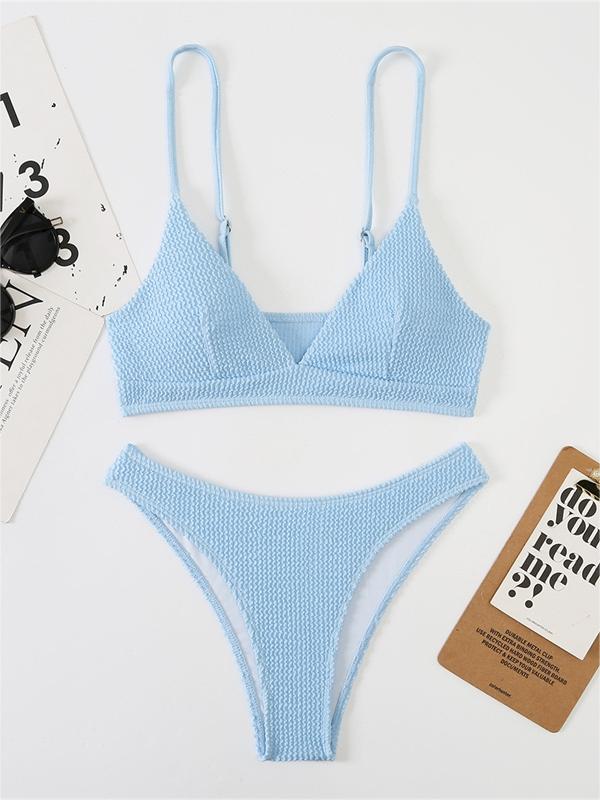 WHITE TEXTURED BIKINI SET WITH PLAIN SMOCKED V-NECK