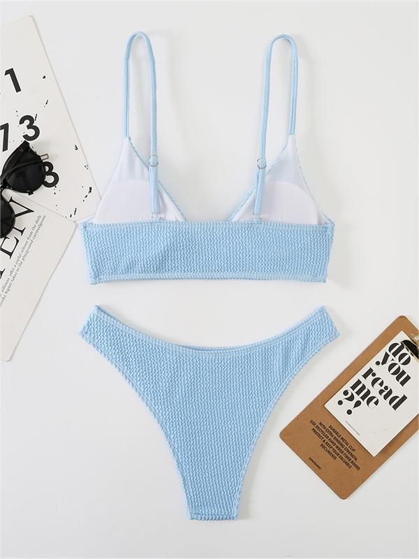 WHITE TEXTURED BIKINI SET WITH PLAIN SMOCKED V-NECK