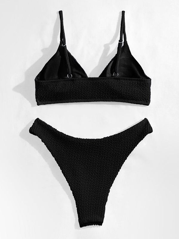 WHITE TEXTURED BIKINI SET WITH PLAIN SMOCKED V-NECK