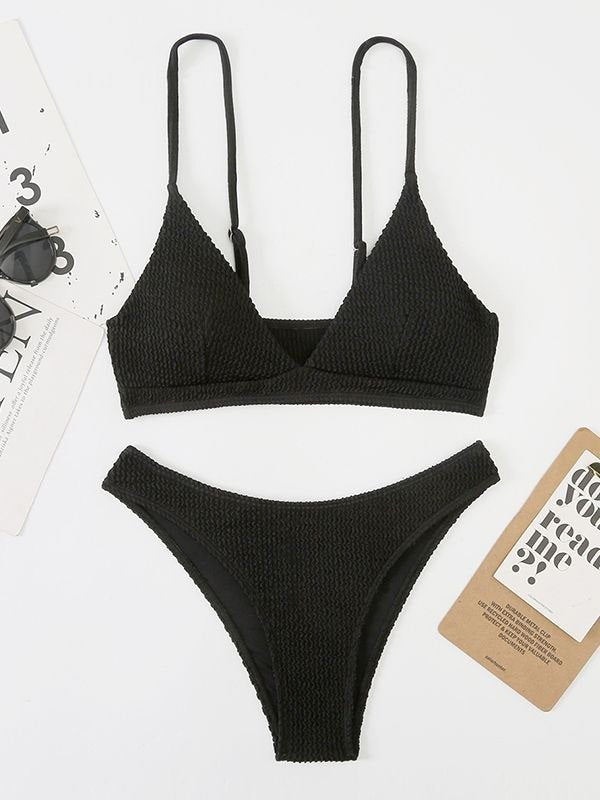 WHITE TEXTURED BIKINI SET WITH PLAIN SMOCKED V-NECK