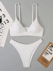 WHITE TEXTURED BIKINI SET WITH PLAIN SMOCKED V-NECK
