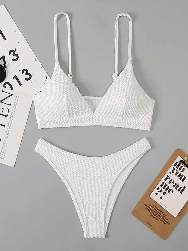 WHITE TEXTURED BIKINI SET WITH PLAIN SMOCKED V-NECK