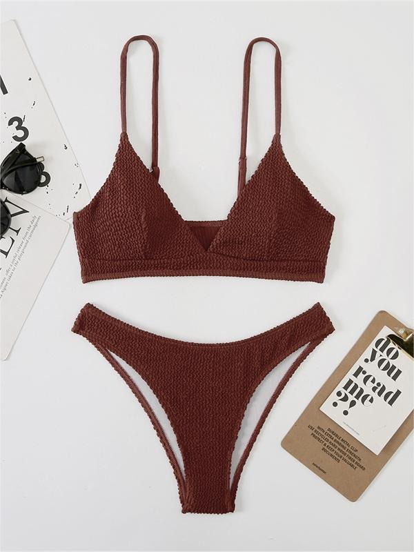 WHITE TEXTURED BIKINI SET WITH PLAIN SMOCKED V-NECK