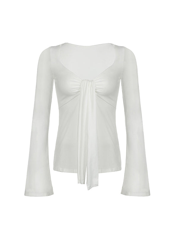 WHITE TIE-FRONT TOP AND PANTS SET WITH CASUAL LOOSE FIT