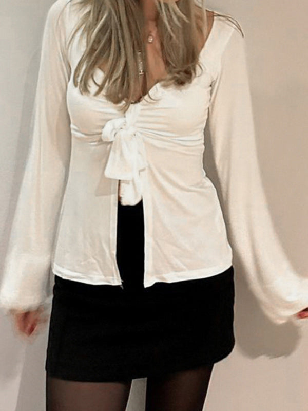 WHITE TIE-FRONT TOP AND PANTS SET WITH CASUAL LOOSE FIT