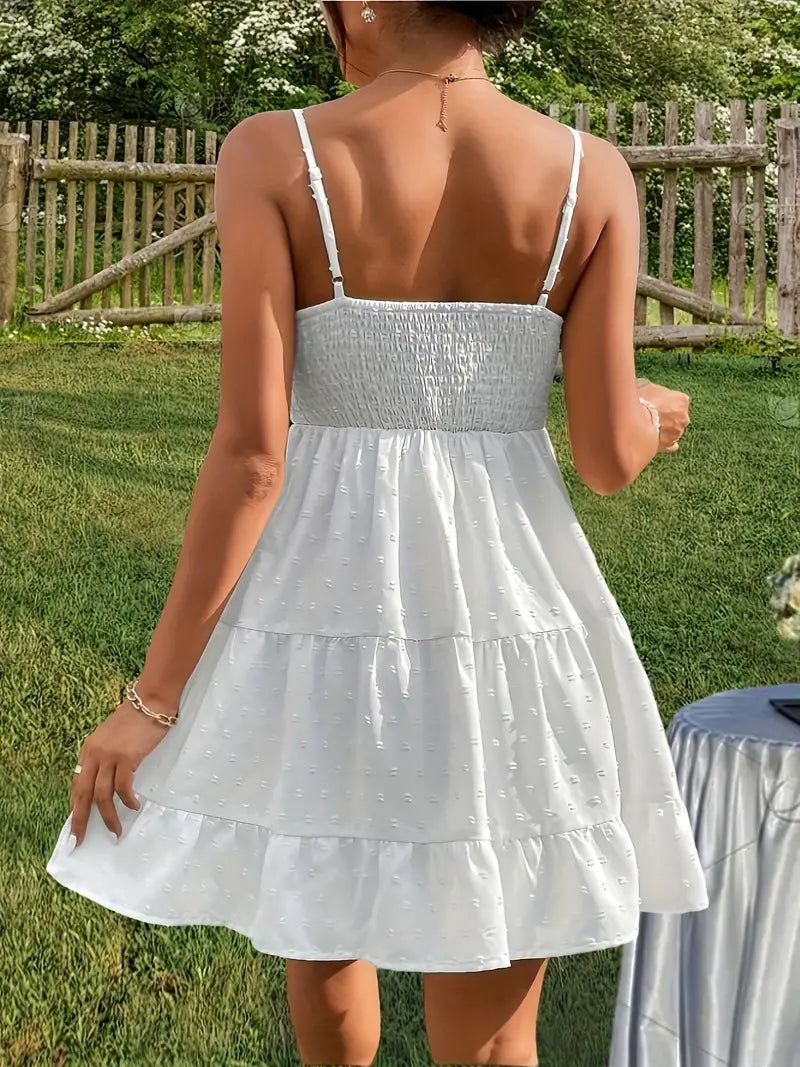 WHITE TIERED SUNDRESS WITH RUFFLED HEM AND VINTAGE POLKA DOT DESIGN
