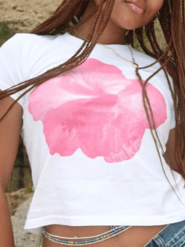 WHITE VINTAGE-INSPIRED CROP T-SHIRT WITH PINK FLOWER AND SHORT SLEEVES