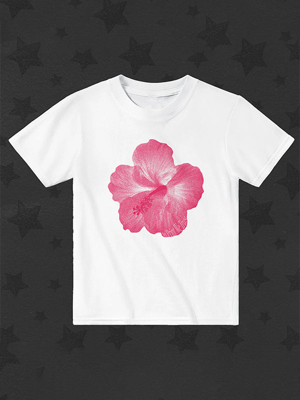 WHITE VINTAGE-INSPIRED CROP T-SHIRT WITH PINK FLOWER AND SHORT SLEEVES