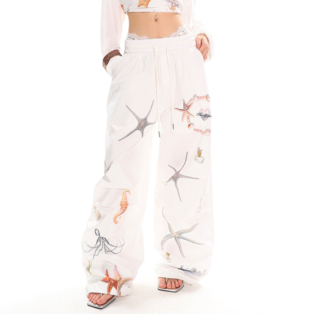 WHITE WIDE-LEG PANTS WITH SEA-THEMED PRINT FOR WOMEN