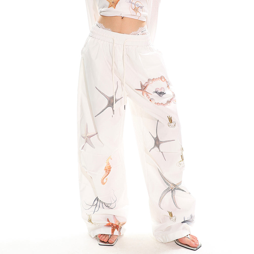 WHITE WIDE-LEG PANTS WITH SEA-THEMED PRINT FOR WOMEN