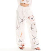 WHITE WIDE-LEG PANTS WITH SEA-THEMED PRINT FOR WOMEN