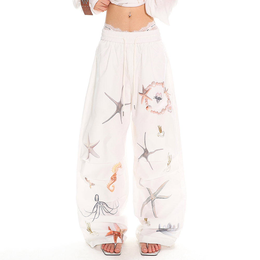 WHITE WIDE-LEG PANTS WITH SEA-THEMED PRINT FOR WOMEN