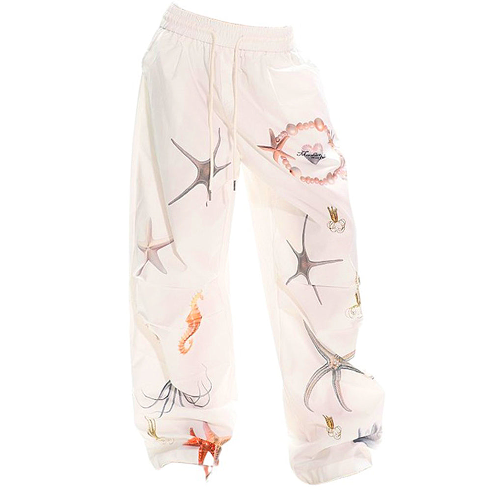 WHITE WIDE-LEG PANTS WITH SEA-THEMED PRINT FOR WOMEN