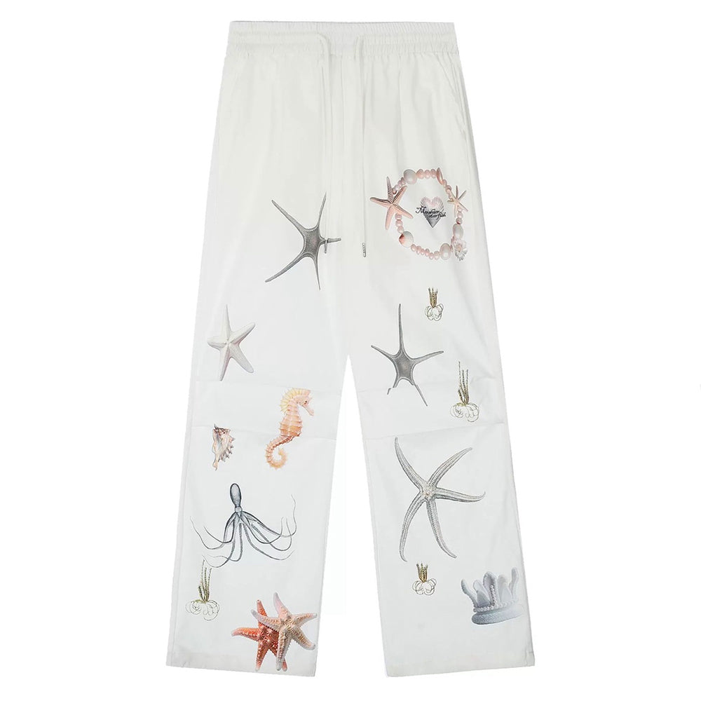 WHITE WIDE-LEG PANTS WITH SEA-THEMED PRINT FOR WOMEN