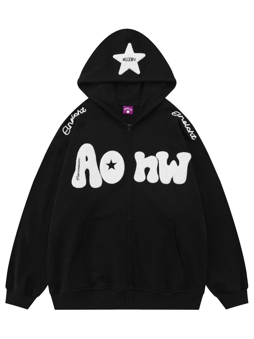 WHITE ZIP-UP HOODIE WITH BLACK LETTERING AND STAR - TRENDY Y2K HOODED