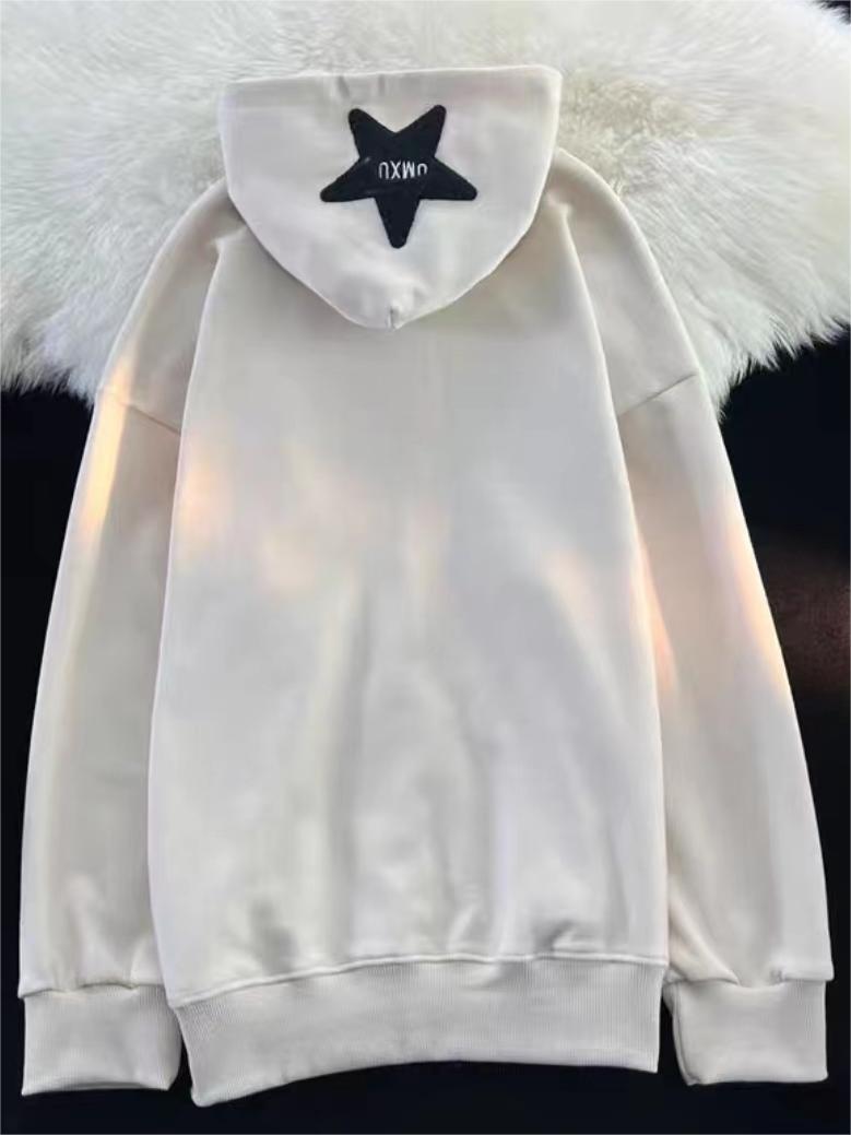 WHITE ZIP-UP HOODIE WITH BLACK LETTERING AND STAR - TRENDY Y2K HOODED