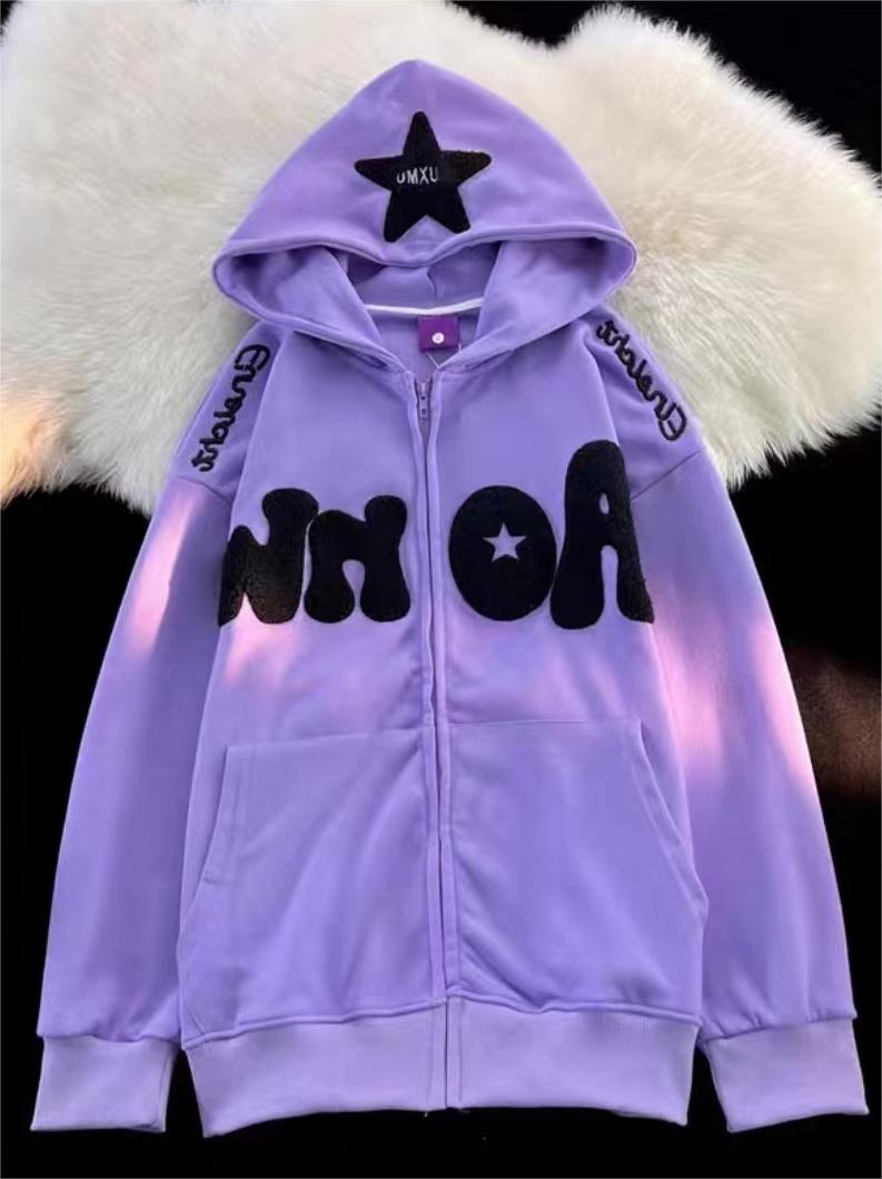 WHITE ZIP-UP HOODIE WITH BLACK LETTERING AND STAR - TRENDY Y2K HOODED