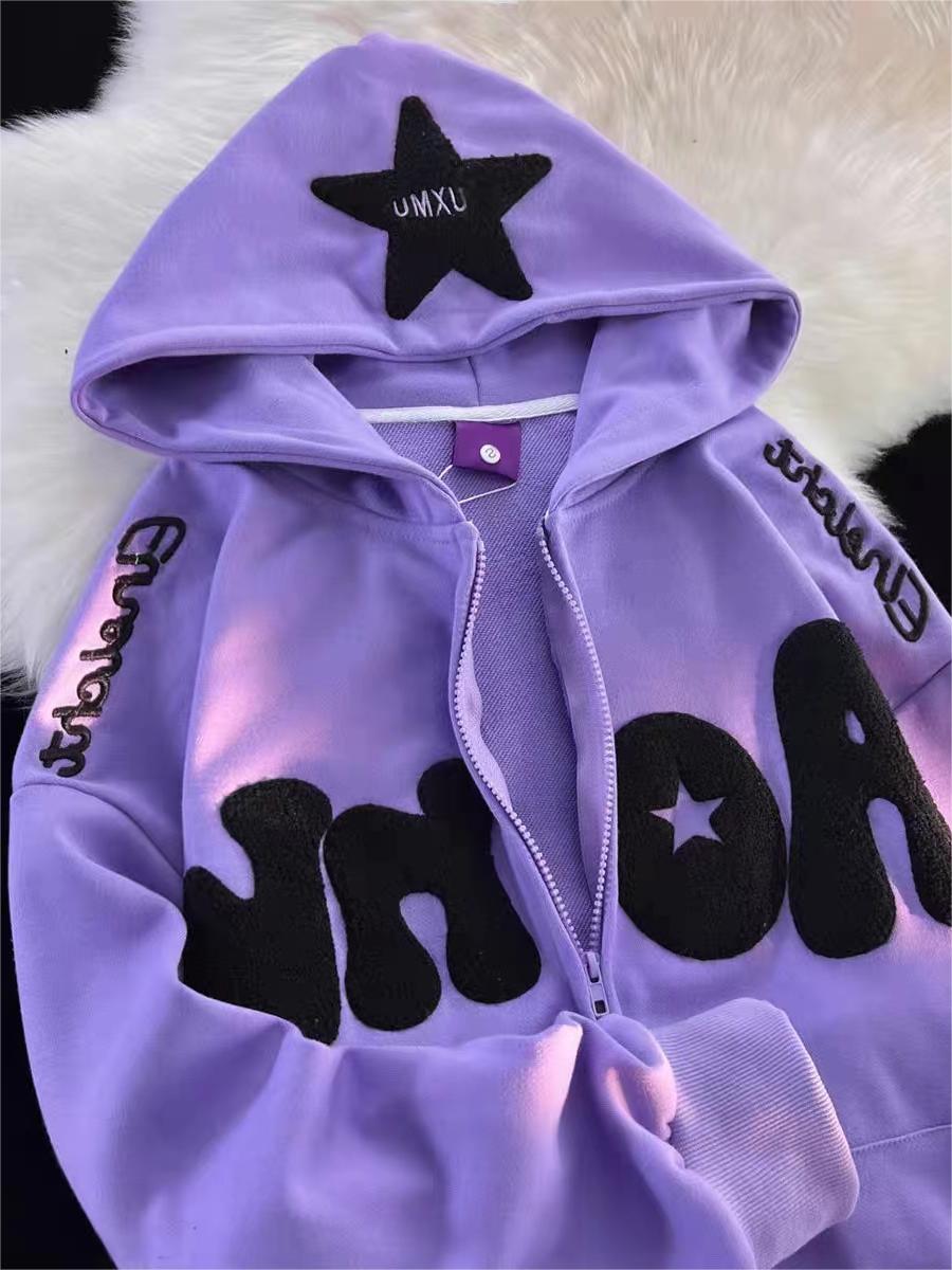 WHITE ZIP-UP HOODIE WITH BLACK LETTERING AND STAR - TRENDY Y2K HOODED