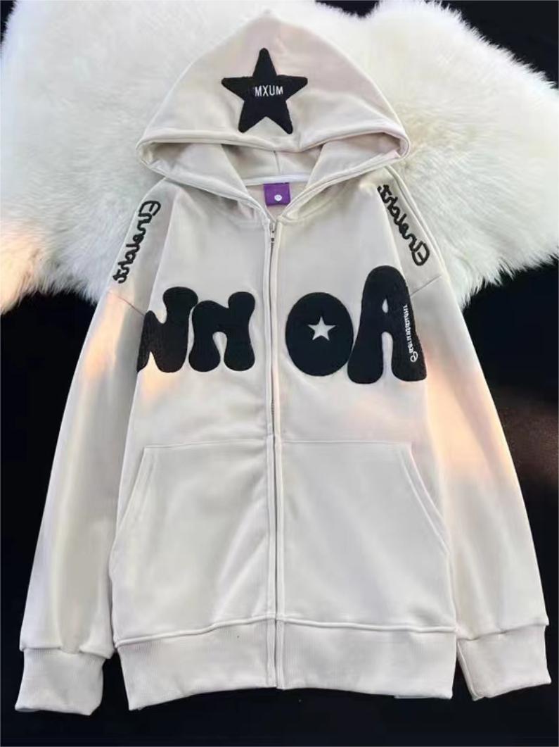 WHITE ZIP-UP HOODIE WITH BLACK LETTERING AND STAR - TRENDY Y2K HOODED