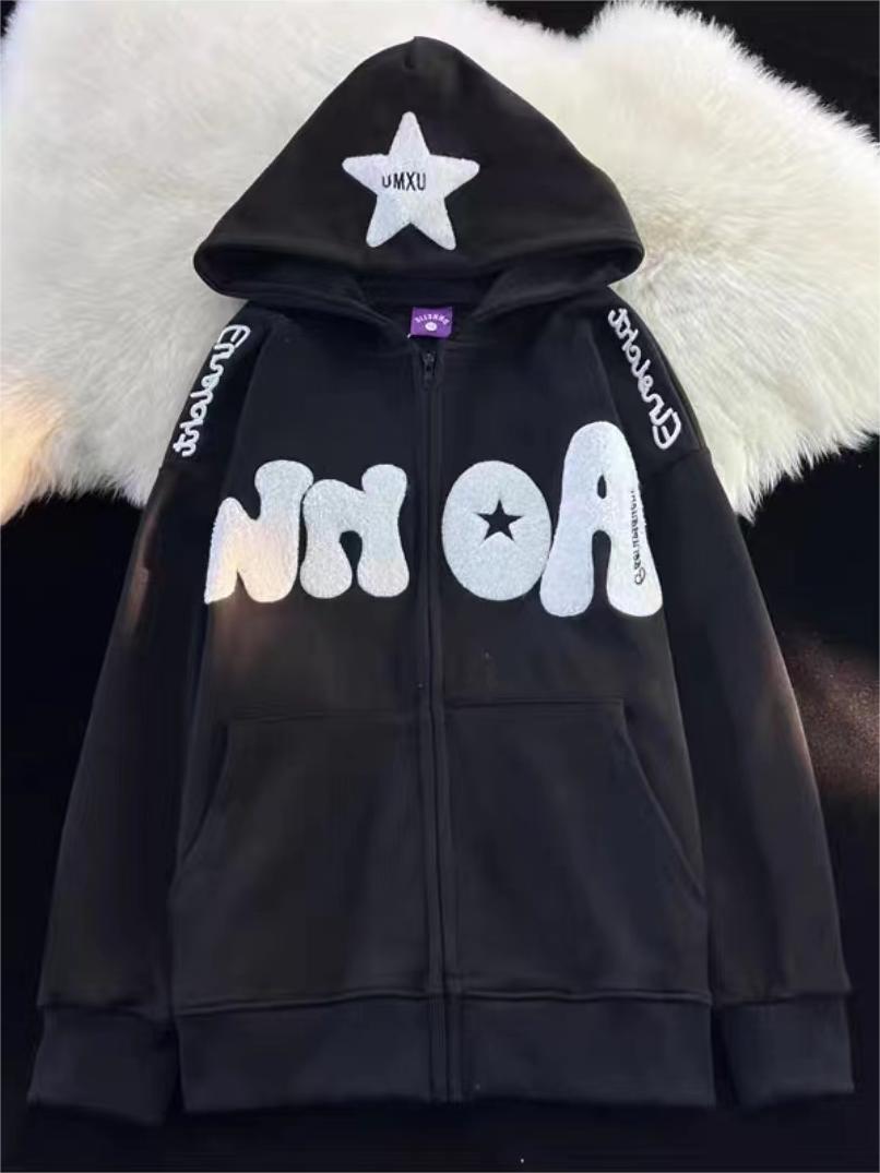 WHITE ZIP-UP HOODIE WITH BLACK LETTERING AND STAR - TRENDY Y2K HOODED