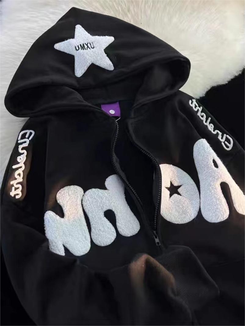 WHITE ZIP-UP HOODIE WITH BLACK LETTERING AND STAR - TRENDY Y2K HOODED