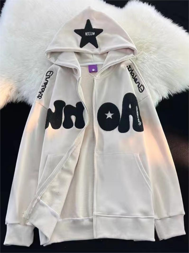 WHITE ZIP-UP HOODIE WITH BLACK LETTERING AND STAR - TRENDY Y2K HOODED