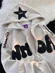 WHITE ZIP-UP HOODIE WITH BLACK LETTERING AND STAR - TRENDY Y2K HOODED