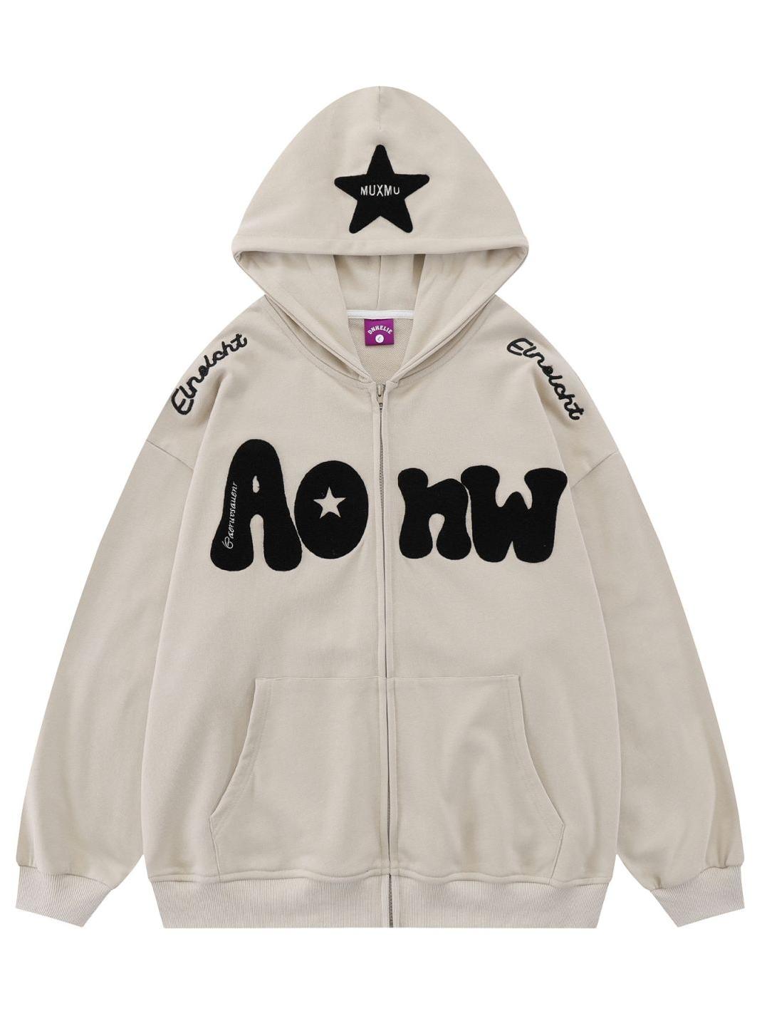 WHITE ZIP-UP HOODIE WITH BLACK LETTERING AND STAR - TRENDY Y2K HOODED
